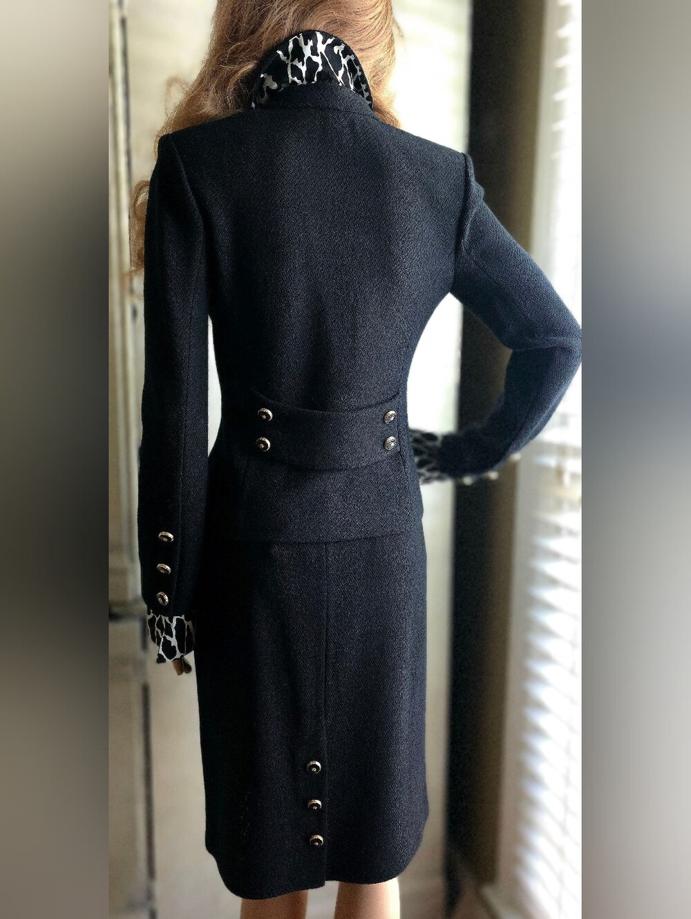 St. John Collection Black Wool Knit Skirt Suit Gold Buttons Animal Cuff 2/4
